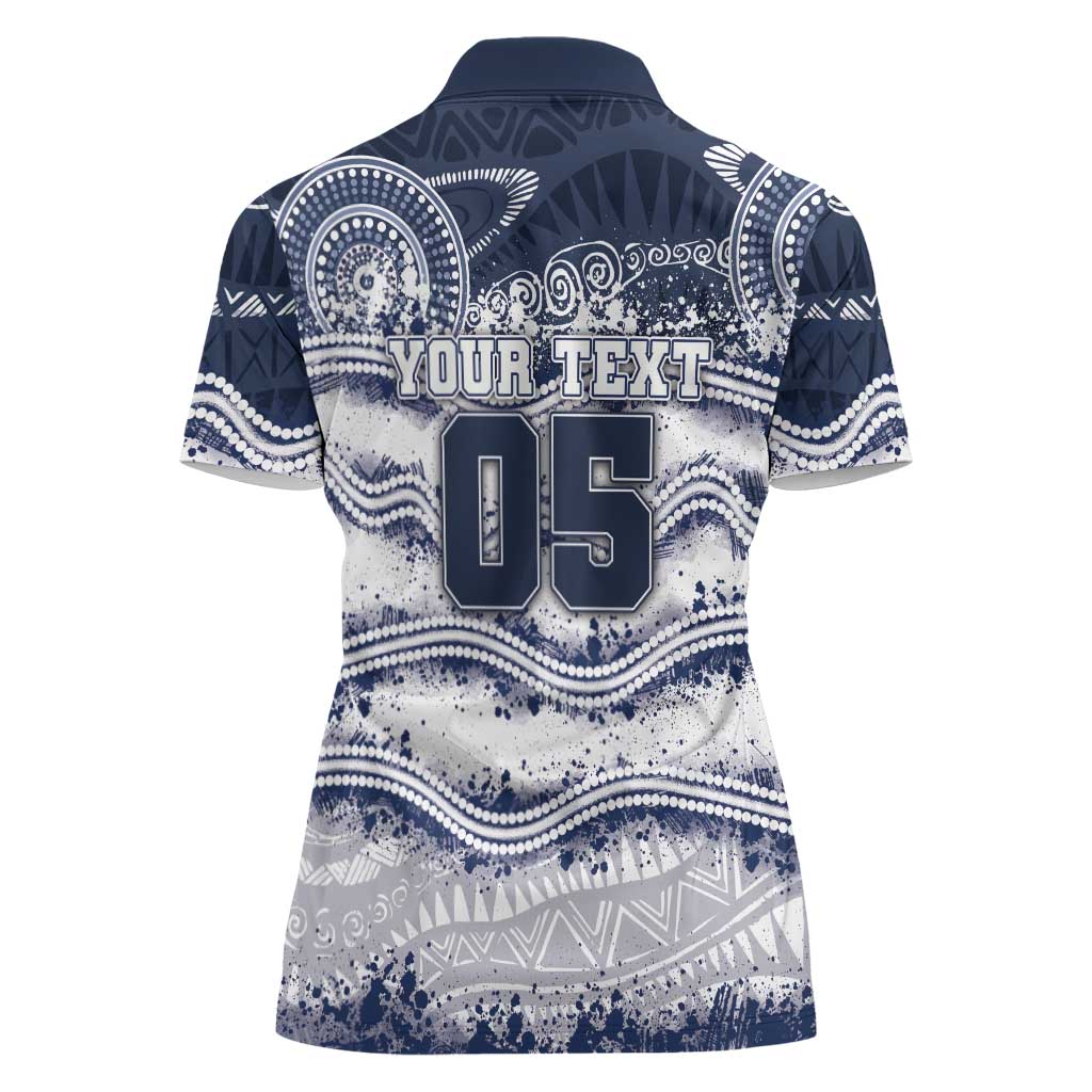 Custom Geelong Navy Women Polo Shirt Playful Cat Kicking Ball