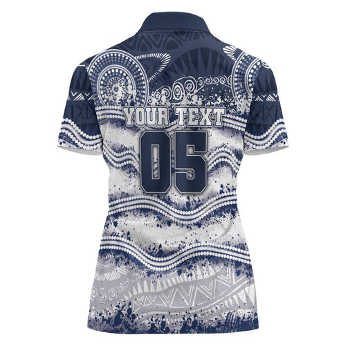 Custom Geelong Navy Women Polo Shirt Playful Cat Kicking Ball