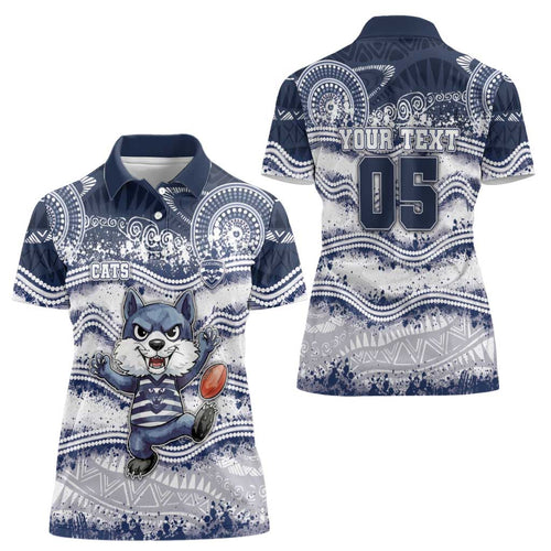 Custom Geelong Navy Women Polo Shirt Playful Cat Kicking Ball