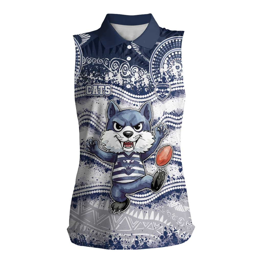 Custom Geelong Navy Women Sleeveless Polo Shirt Playful Cat Kicking Ball