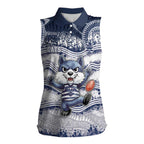 Custom Geelong Navy Women Sleeveless Polo Shirt Playful Cat Kicking Ball