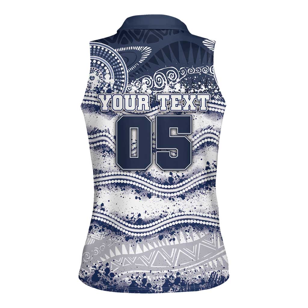 Custom Geelong Navy Women Sleeveless Polo Shirt Playful Cat Kicking Ball