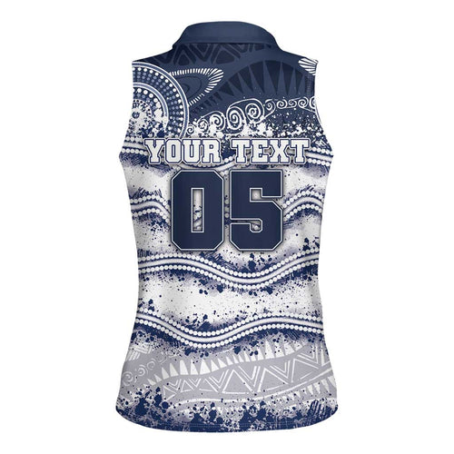 Custom Geelong Navy Women Sleeveless Polo Shirt Playful Cat Kicking Ball