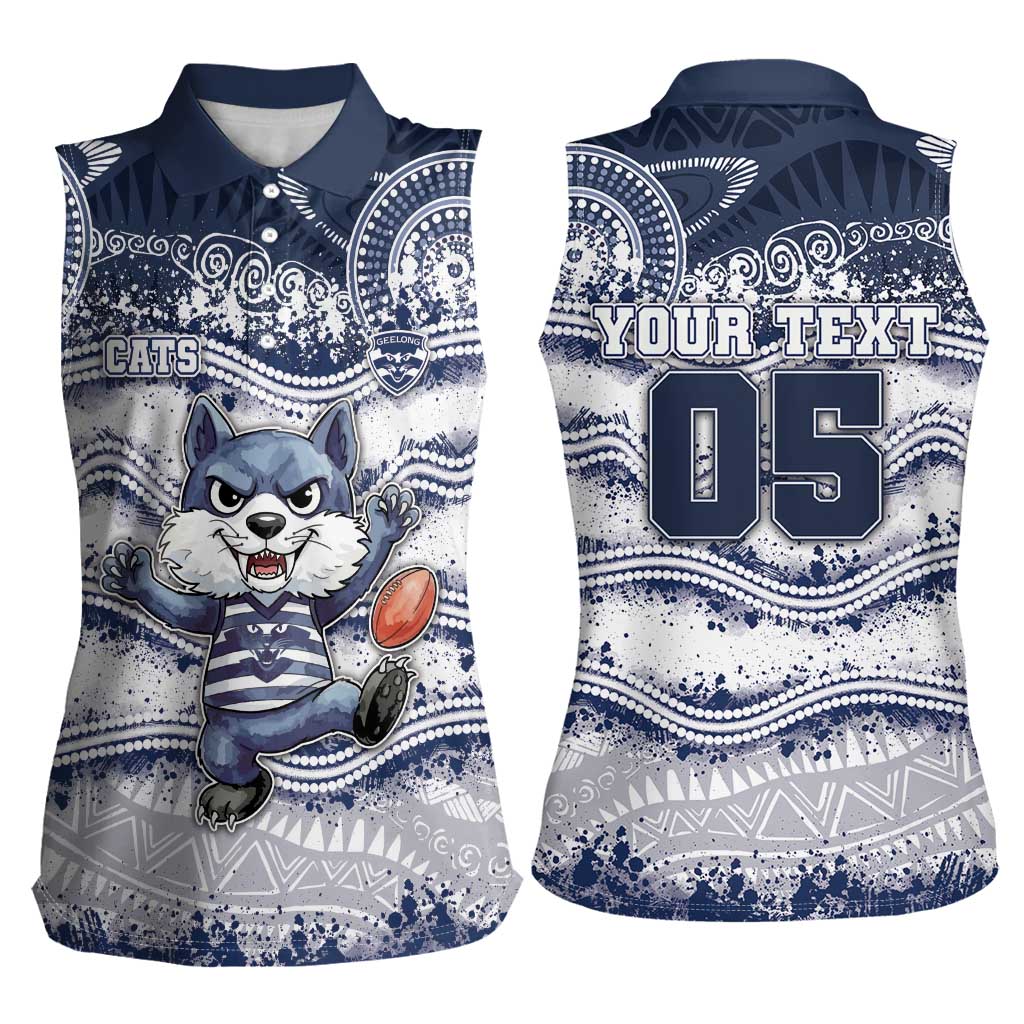 Custom Geelong Navy Women Sleeveless Polo Shirt Playful Cat Kicking Ball