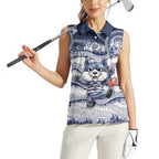 Custom Geelong Navy Women Sleeveless Polo Shirt Playful Cat Kicking Ball