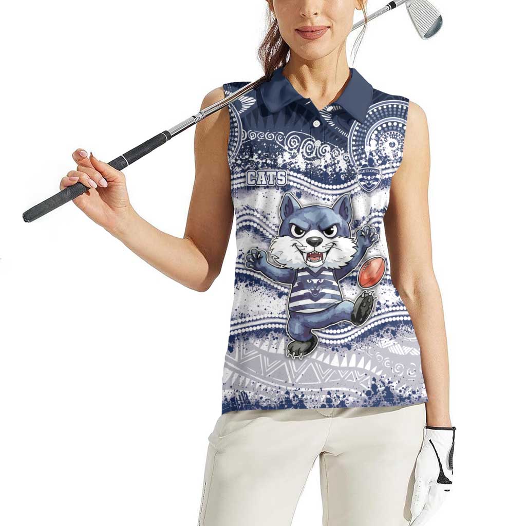 Custom Geelong Navy Women Sleeveless Polo Shirt Playful Cat Kicking Ball