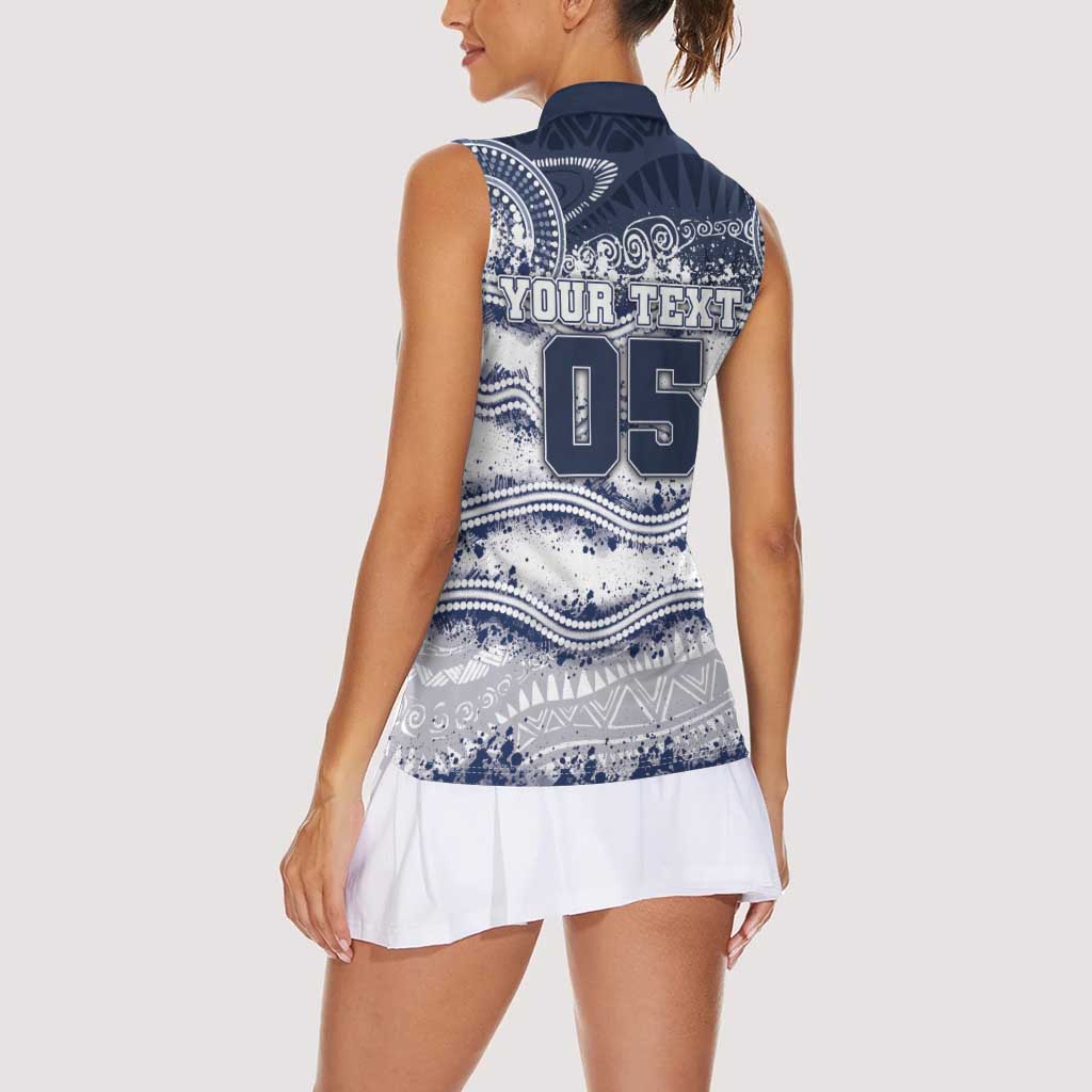 Custom Geelong Navy Women Sleeveless Polo Shirt Playful Cat Kicking Ball