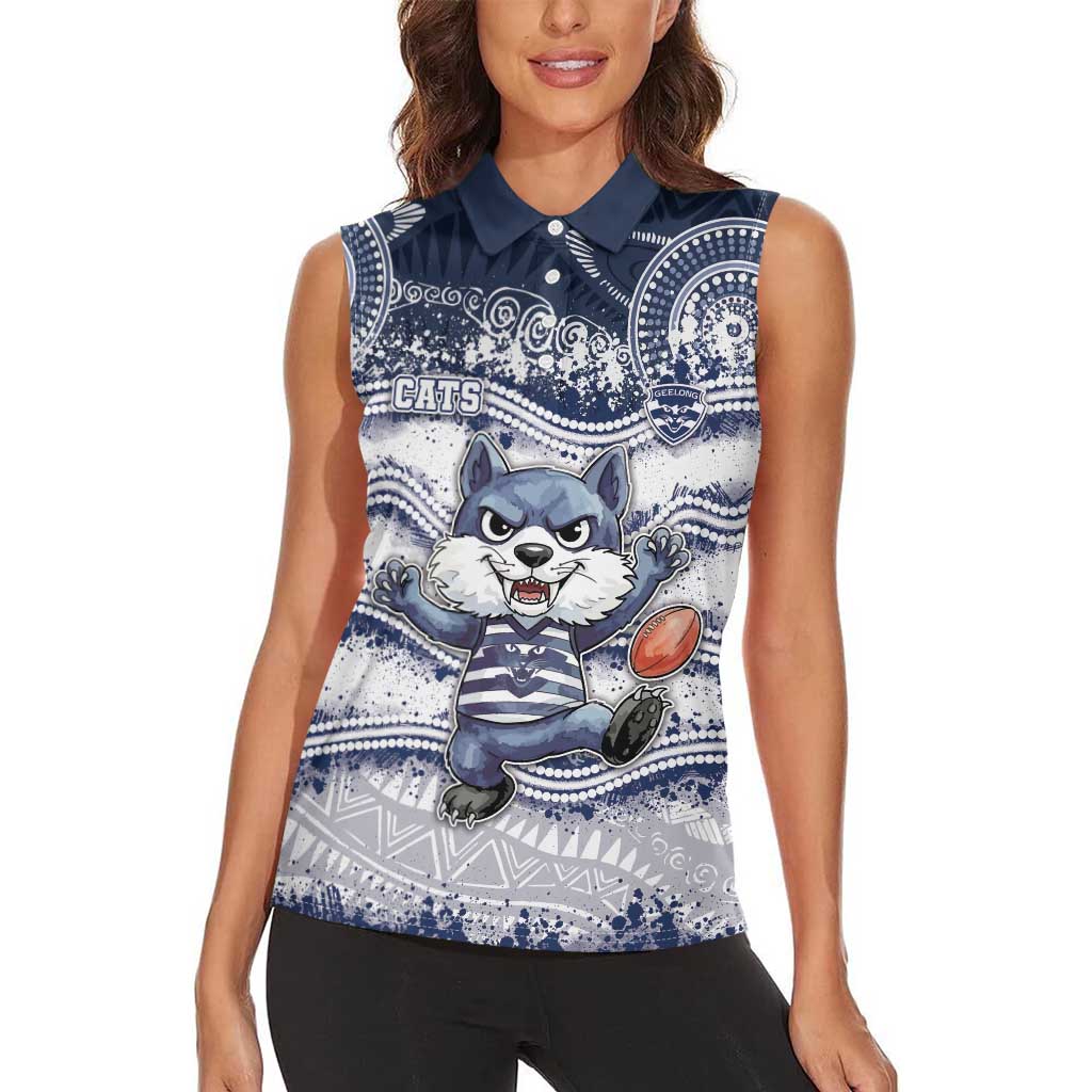Custom Geelong Navy Women Sleeveless Polo Shirt Playful Cat Kicking Ball