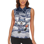Custom Geelong Navy Women Sleeveless Polo Shirt Playful Cat Kicking Ball