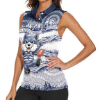 Custom Geelong Navy Women Sleeveless Polo Shirt Playful Cat Kicking Ball