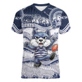 Custom Geelong Navy Women V-Neck T-Shirt Playful Cat Kicking Ball