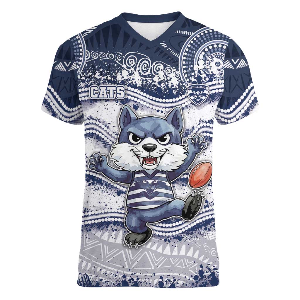 Custom Geelong Navy Women V-Neck T-Shirt Playful Cat Kicking Ball
