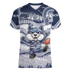 Custom Geelong Navy Women V-Neck T-Shirt Playful Cat Kicking Ball