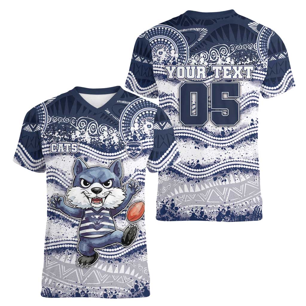 Custom Geelong Navy Women V-Neck T-Shirt Playful Cat Kicking Ball