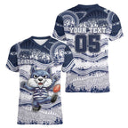 Custom Geelong Navy Women V-Neck T-Shirt Playful Cat Kicking Ball