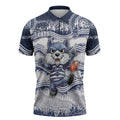 Custom Geelong Navy Zipper Polo Shirt Playful Cat Kicking Ball