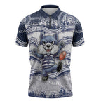 Custom Geelong Navy Zipper Polo Shirt Playful Cat Kicking Ball