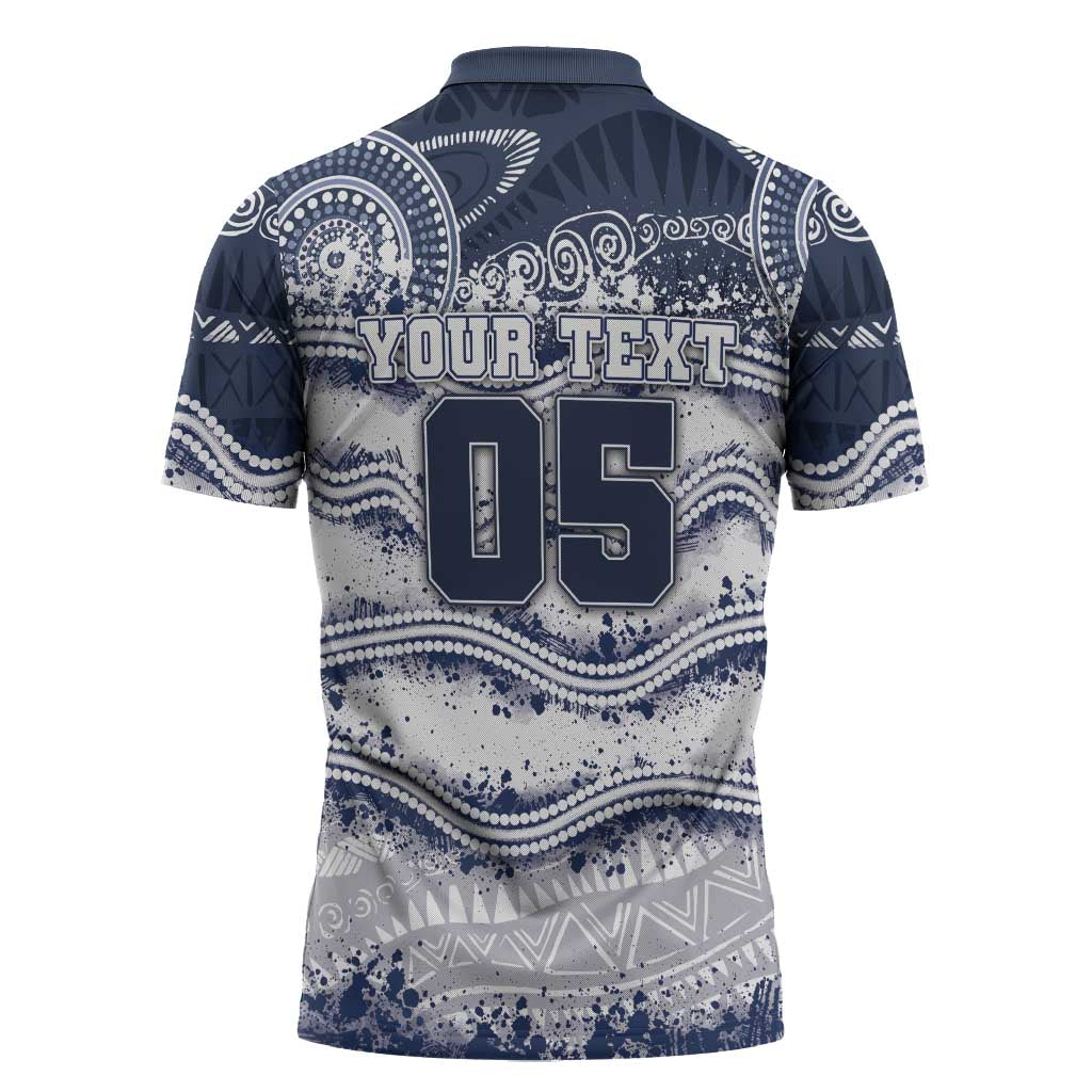 Custom Geelong Navy Zipper Polo Shirt Playful Cat Kicking Ball