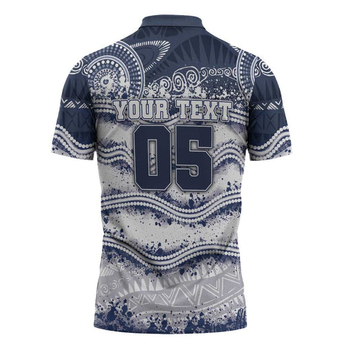 Custom Geelong Navy Zipper Polo Shirt Playful Cat Kicking Ball