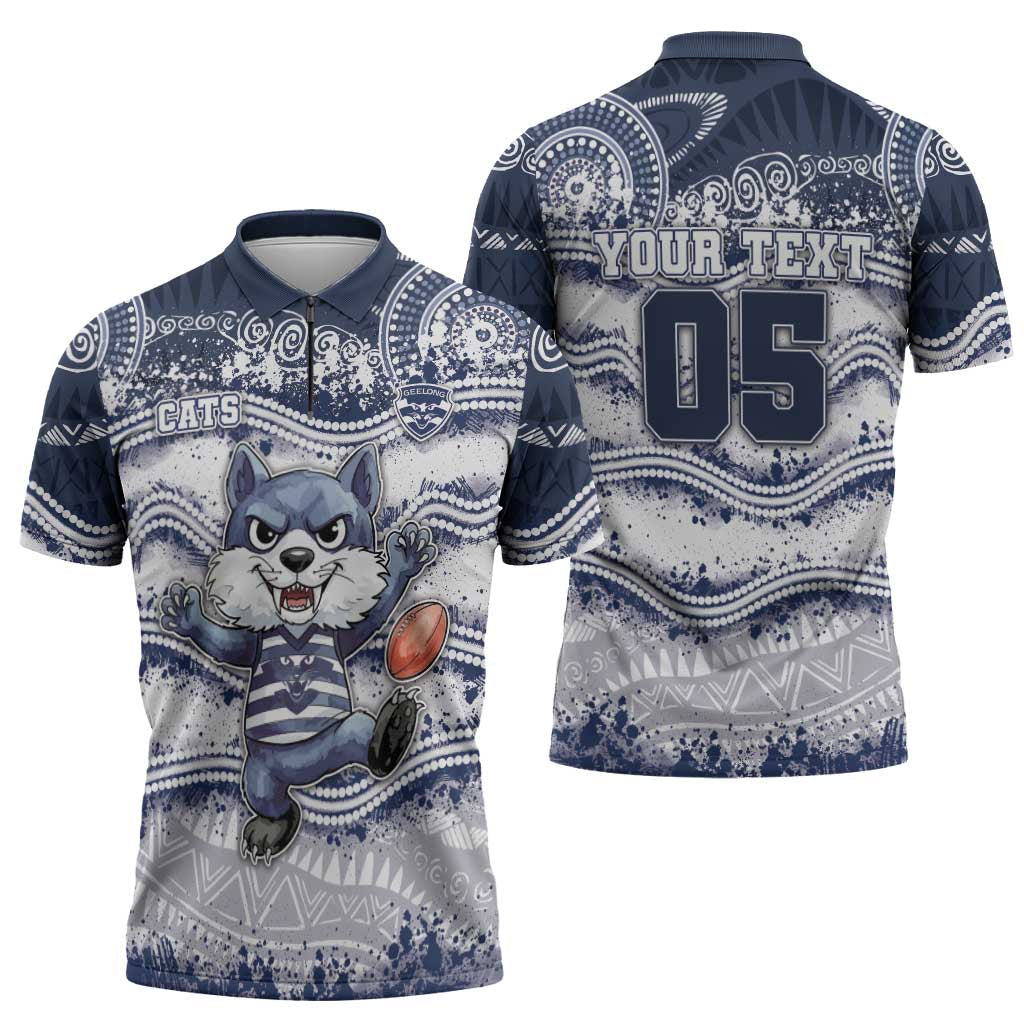 Custom Geelong Navy Zipper Polo Shirt Playful Cat Kicking Ball