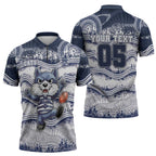 Custom Geelong Navy Zipper Polo Shirt Playful Cat Kicking Ball