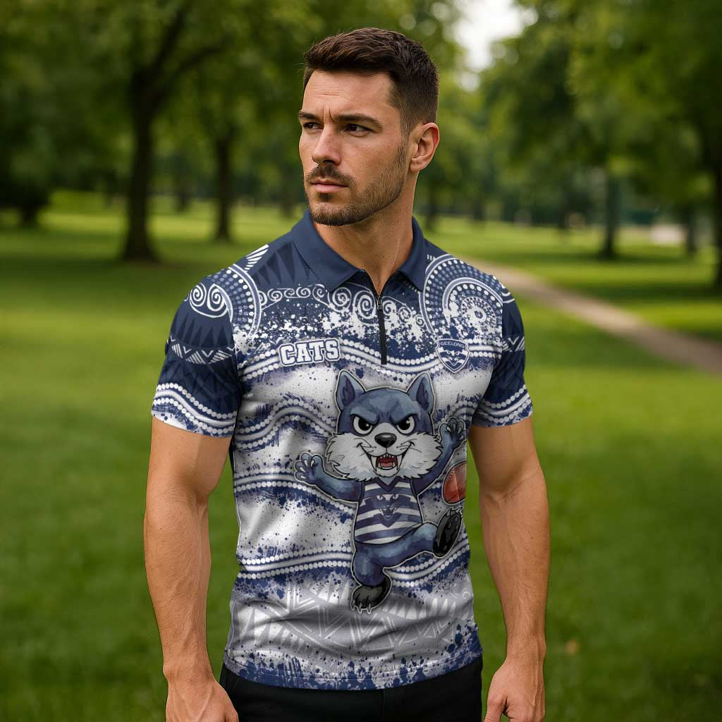 Custom Geelong Navy Zipper Polo Shirt Playful Cat Kicking Ball