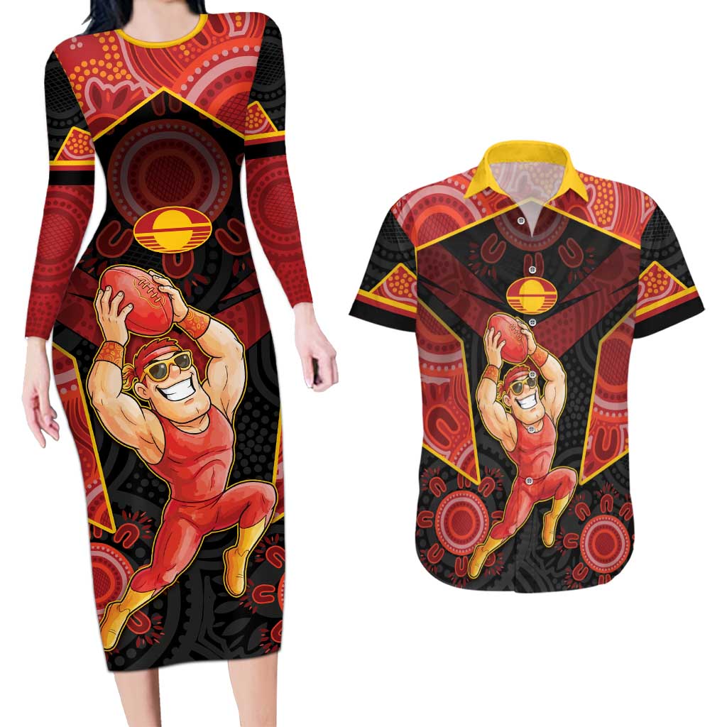 Custom Gold Coast Suns Red Couples Matching Long Sleeve Bodycon Dress and Hawaiian Shirt Football Player Sun Emblem Dynamic