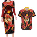 Custom Gold Coast Suns Red Couples Matching Long Sleeve Bodycon Dress and Hawaiian Shirt Football Player Sun Emblem Dynamic