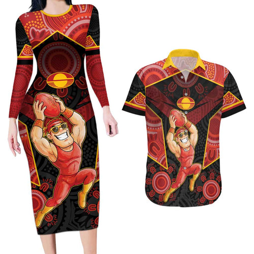 Custom Gold Coast Suns Red Couples Matching Long Sleeve Bodycon Dress and Hawaiian Shirt Football Player Sun Emblem Dynamic