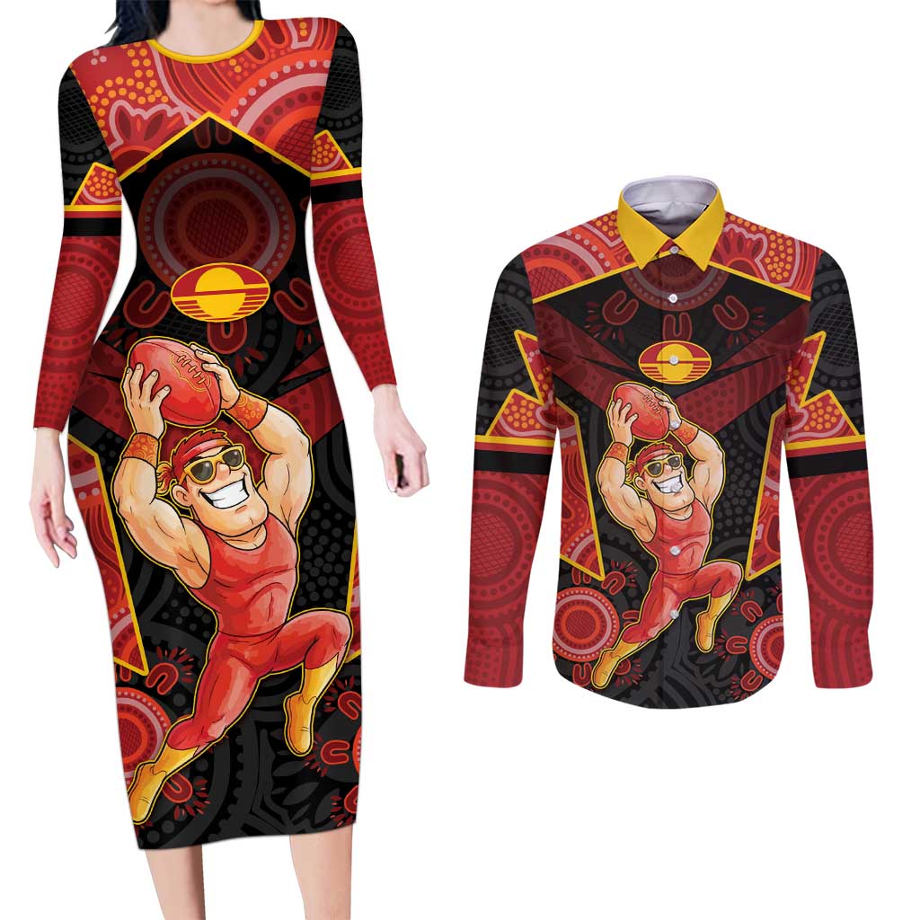 Custom Gold Coast Suns Red Couples Matching Long Sleeve Bodycon Dress and Long Sleeve Button Shirt Football Player Sun Emblem Dynamic