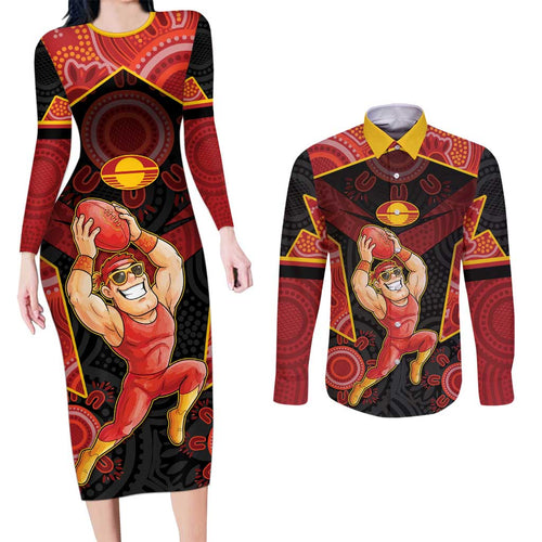 Custom Gold Coast Suns Red Couples Matching Long Sleeve Bodycon Dress and Long Sleeve Button Shirt Football Player Sun Emblem Dynamic