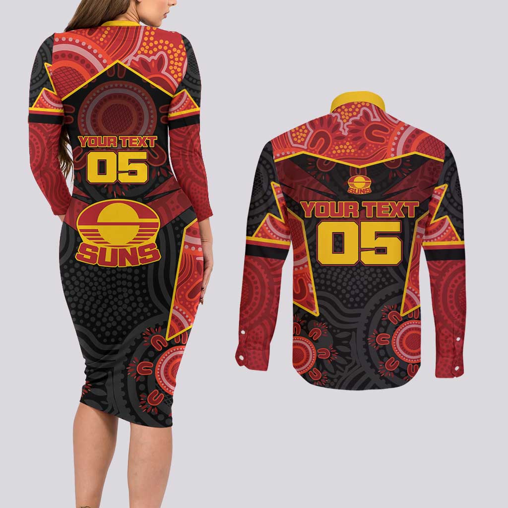 Custom Gold Coast Suns Red Couples Matching Long Sleeve Bodycon Dress and Long Sleeve Button Shirt Football Player Sun Emblem Dynamic