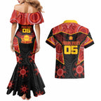 Custom Gold Coast Suns Red Couples Matching Mermaid Dress and Hawaiian Shirt Football Player Sun Emblem Dynamic