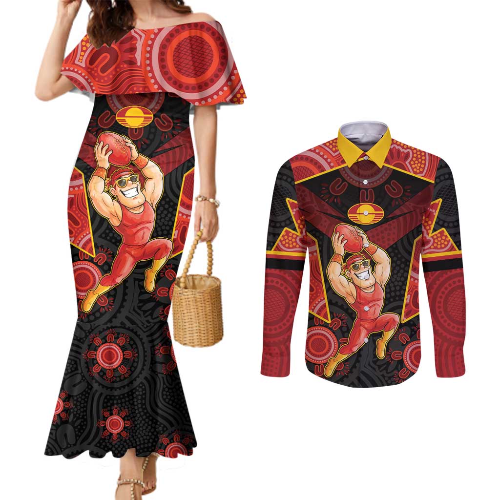 Custom Gold Coast Suns Red Couples Matching Mermaid Dress and Long Sleeve Button Shirt Football Player Sun Emblem Dynamic