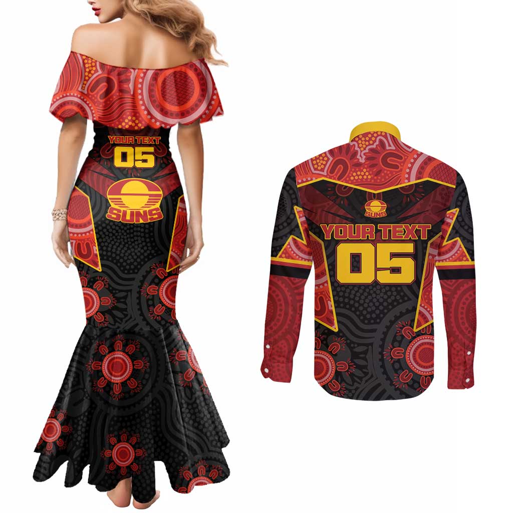 Custom Gold Coast Suns Red Couples Matching Mermaid Dress and Long Sleeve Button Shirt Football Player Sun Emblem Dynamic