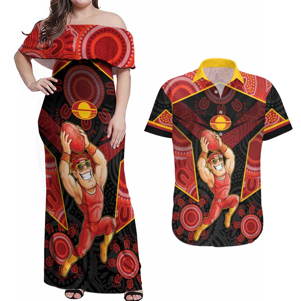 Custom Gold Coast Suns Red Couples Matching Off Shoulder Maxi Dress and Hawaiian Shirt Football Player Sun Emblem Dynamic