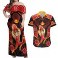 Custom Gold Coast Suns Red Couples Matching Off Shoulder Maxi Dress and Hawaiian Shirt Football Player Sun Emblem Dynamic