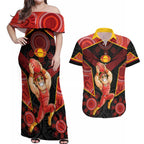 Custom Gold Coast Suns Red Couples Matching Off Shoulder Maxi Dress and Hawaiian Shirt Football Player Sun Emblem Dynamic