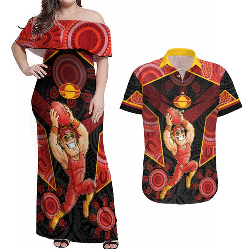 Custom Gold Coast Suns Red Couples Matching Off Shoulder Maxi Dress and Hawaiian Shirt Football Player Sun Emblem Dynamic