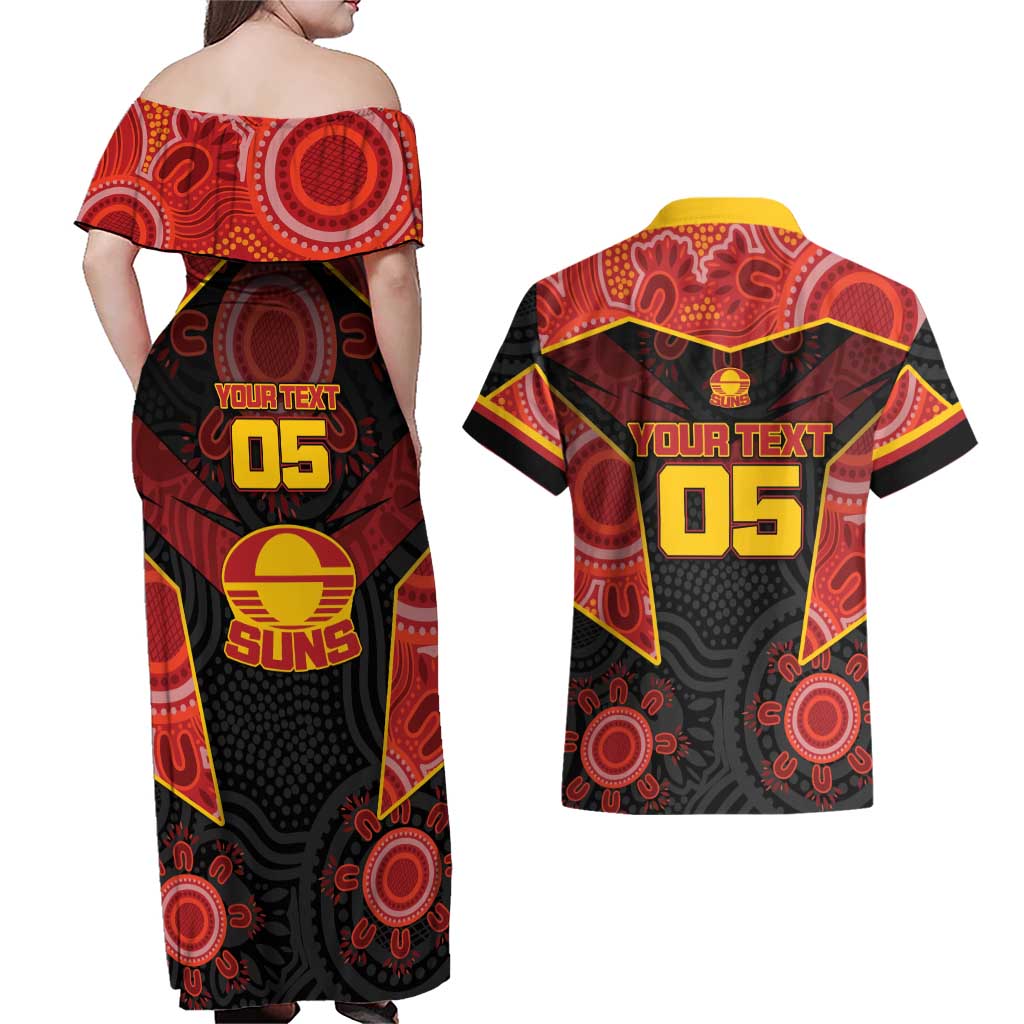 Custom Gold Coast Suns Red Couples Matching Off Shoulder Maxi Dress and Hawaiian Shirt Football Player Sun Emblem Dynamic
