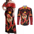 Custom Gold Coast Suns Red Couples Matching Off Shoulder Maxi Dress and Long Sleeve Button Shirt Football Player Sun Emblem Dynamic