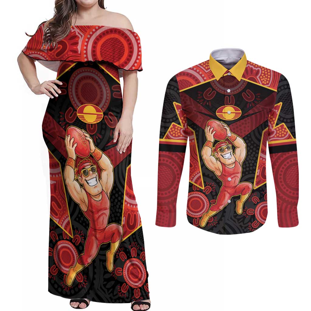 Custom Gold Coast Suns Red Couples Matching Off Shoulder Maxi Dress and Long Sleeve Button Shirt Football Player Sun Emblem Dynamic