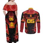 Custom Gold Coast Suns Red Couples Matching Off Shoulder Maxi Dress and Long Sleeve Button Shirt Football Player Sun Emblem Dynamic
