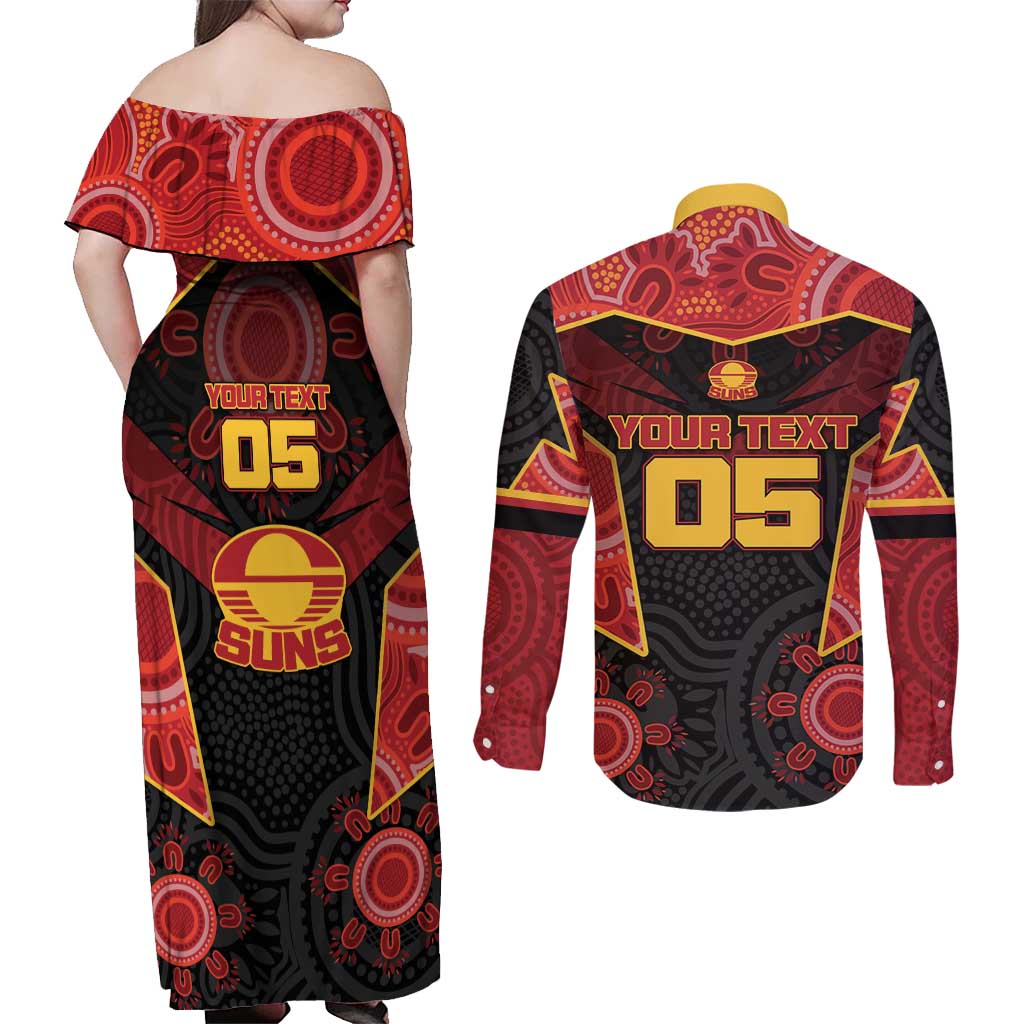 Custom Gold Coast Suns Red Couples Matching Off Shoulder Maxi Dress and Long Sleeve Button Shirt Football Player Sun Emblem Dynamic
