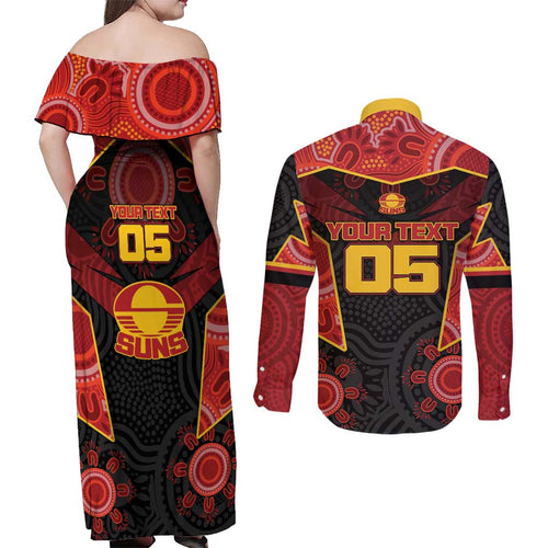 Custom Gold Coast Suns Red Couples Matching Off Shoulder Maxi Dress and Long Sleeve Button Shirt Football Player Sun Emblem Dynamic