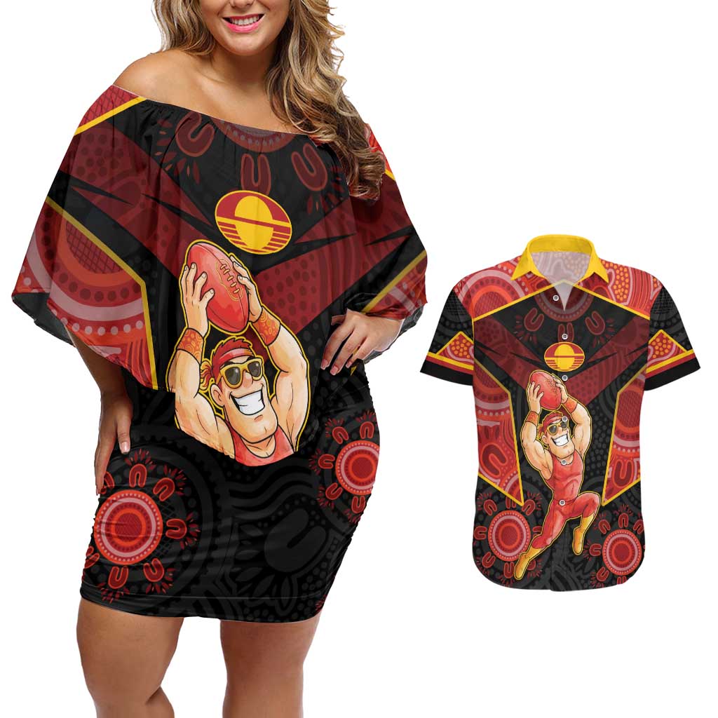 Custom Gold Coast Suns Red Couples Matching Off Shoulder Short Dress and Hawaiian Shirt Football Player Sun Emblem Dynamic