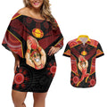 Custom Gold Coast Suns Red Couples Matching Off Shoulder Short Dress and Hawaiian Shirt Football Player Sun Emblem Dynamic