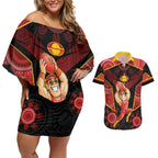 Custom Gold Coast Suns Red Couples Matching Off Shoulder Short Dress and Hawaiian Shirt Football Player Sun Emblem Dynamic