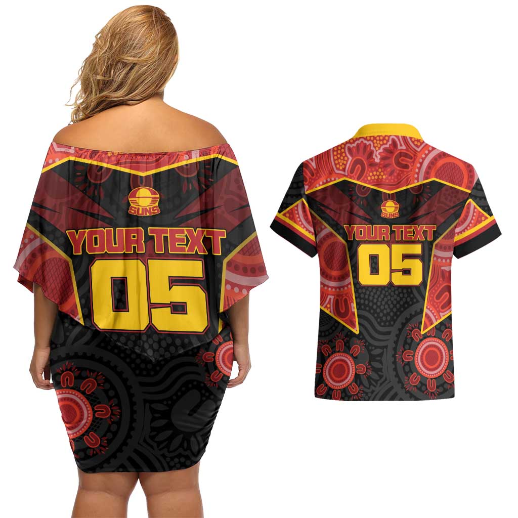Custom Gold Coast Suns Red Couples Matching Off Shoulder Short Dress and Hawaiian Shirt Football Player Sun Emblem Dynamic