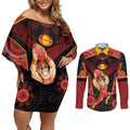 Custom Gold Coast Suns Red Couples Matching Off Shoulder Short Dress and Long Sleeve Button Shirt Football Player Sun Emblem Dynamic